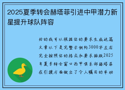2025夏季转会赫塔菲引进中甲潜力新星提升球队阵容