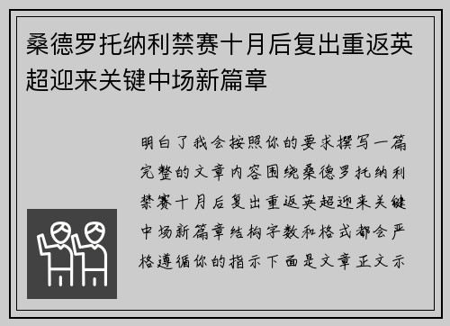 桑德罗托纳利禁赛十月后复出重返英超迎来关键中场新篇章